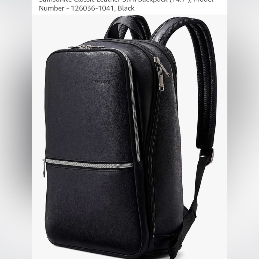 Samsonite Black Leather Backpack with Silver Hardware